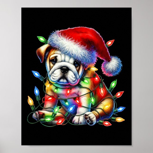 Poster Bulldog Christmas Lights Santa Hat Amoureux des ch (Devant)