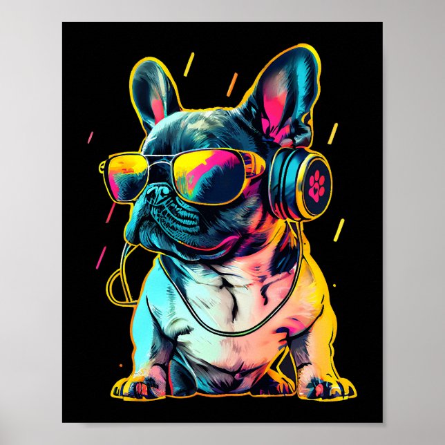 Poster Bulldog français Rétrowave avec casque et Sungl (Devant)