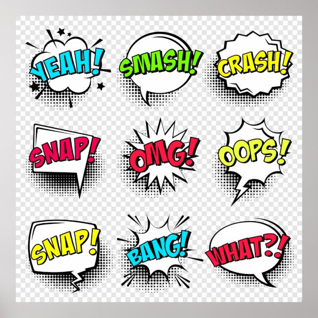 Poster Bulles de discours comiques avec ombre et texte mi (Devant)