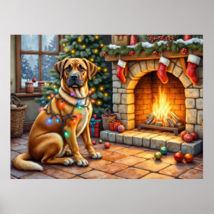 Poster Bullmastiff Cheminée avec Lumières de Noël