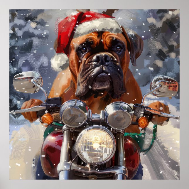 Poster Bullmastiff Chien équitation Moto Noël (Devant)