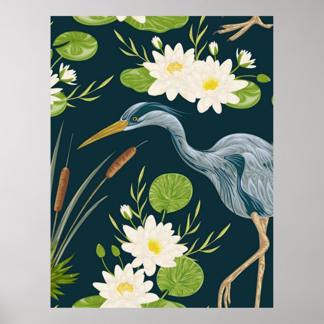 Poster Bulrush Lily Fleurs Oiseau Heron paysage floral (Devant)