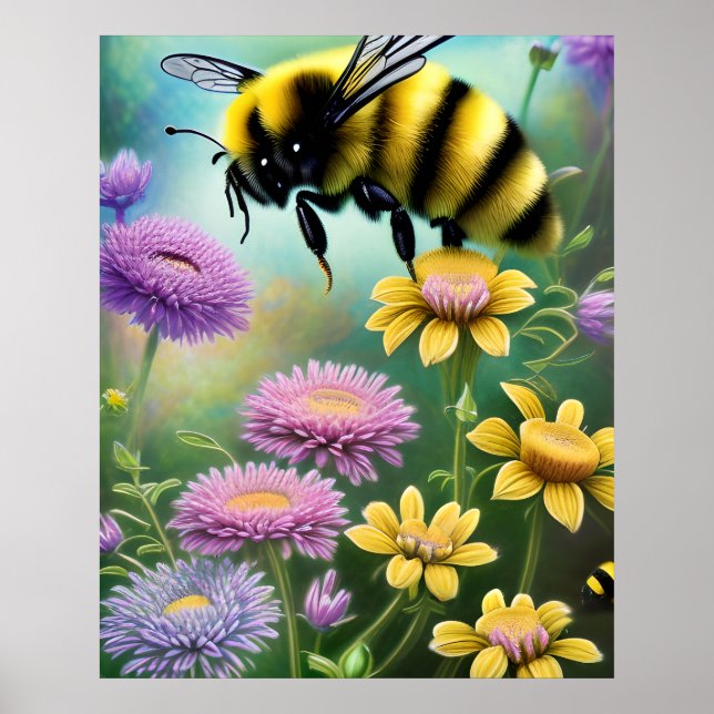 Poster Bumble Bee Floral Nature Art (Devant)