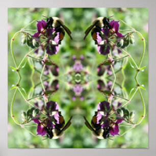 Poster Bumble Bee sur le miroir de fleurs rose Abstrait