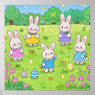Poster Bunnies de Pâques cachant des oeufs dans un jardin