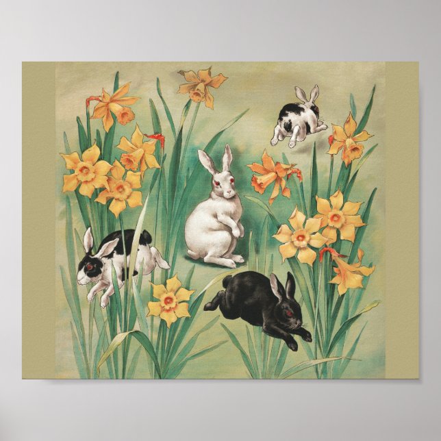 Poster Bunnies mignons aux fleurs de jonquille Antique Pâ (Devant)