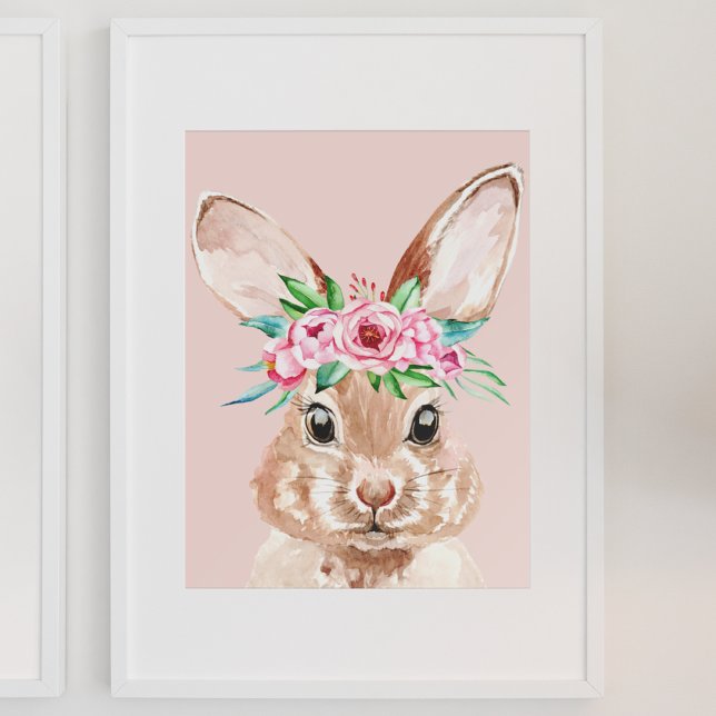 Poster Bunny D'Aquarelle Rose Pastel Moderne Avec Fleurs (Créateur téléchargé)