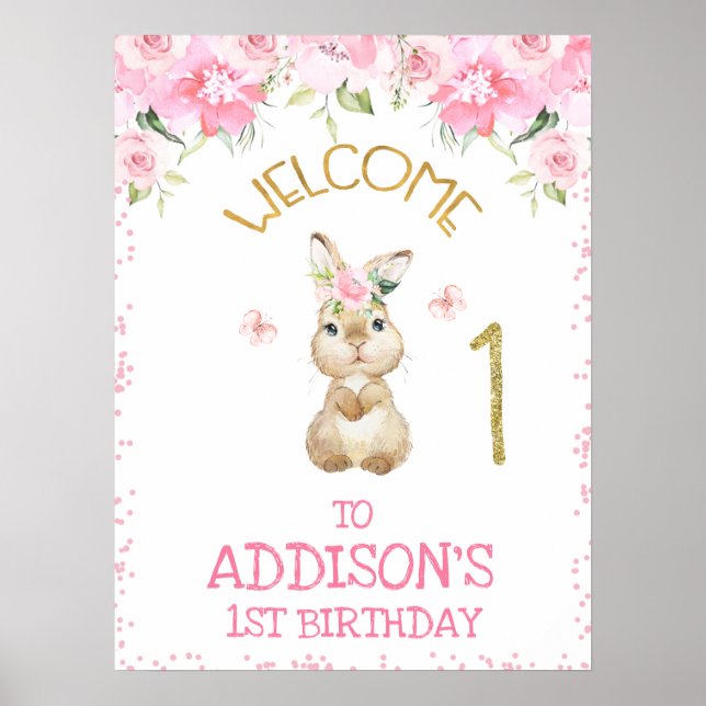 Poster Bunny Fleur rose Premier anniversaire Bienvenue (Devant)