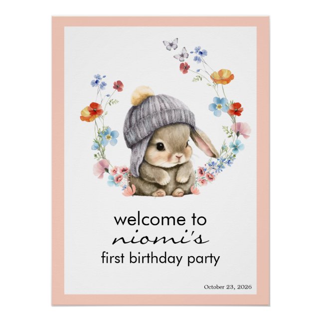 Poster Bunny Floral First Birthday Welcome Sign (Devant)