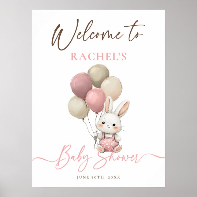 Poster Bunny Lapin Balloons Baby shower rose Bienvenue (Devant)