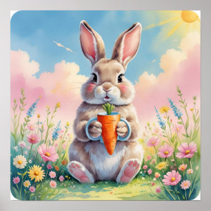 Poster Bunny Latte Break - Pastel Carrot Mug Art