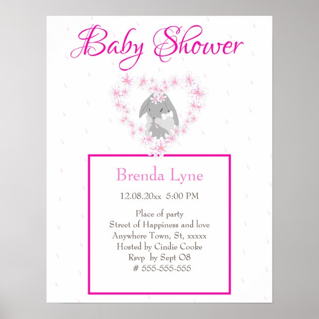 Poster Bunny Rabbit fille rose Baby shower invitation (Devant)
