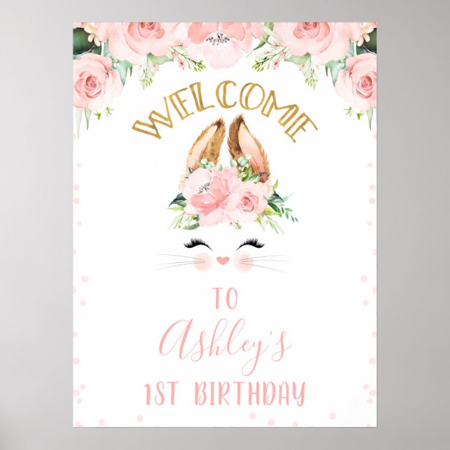 Poster Bunny rose Floral Visage Bienvenue Signal de fête  (Devant)