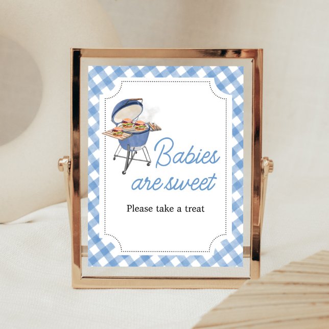 Poster Burger BBQ Bleu Baby shower Les bébés sont sucrés (Boy Backyard BBQ Baby Shower Babies are Sweet Sign)