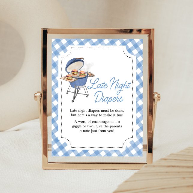 Poster Burger bleu Baby shower barbecue Diapositives noct (Boy Backyard BBQ Baby Shower Late Night Diapers Sign)