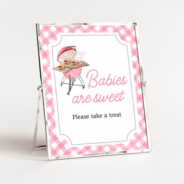 Poster Burger rose BBQ Baby shower Les bébés sont sucrés (Girl Backyard BBQ Baby Shower Babies are Sweet Sign)