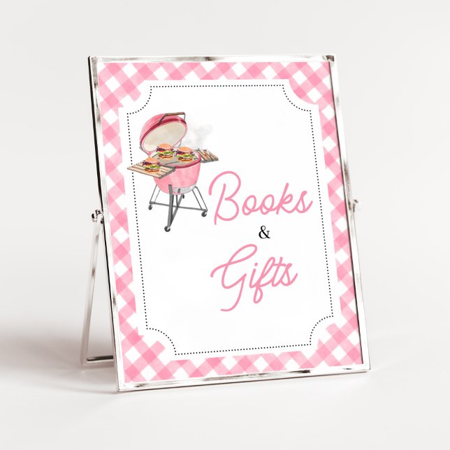 Poster Burger rose BBQ Baby showers Livres et Cadeaux (Girl Backyard BBQ Baby Shower Books and Gifts Sign)