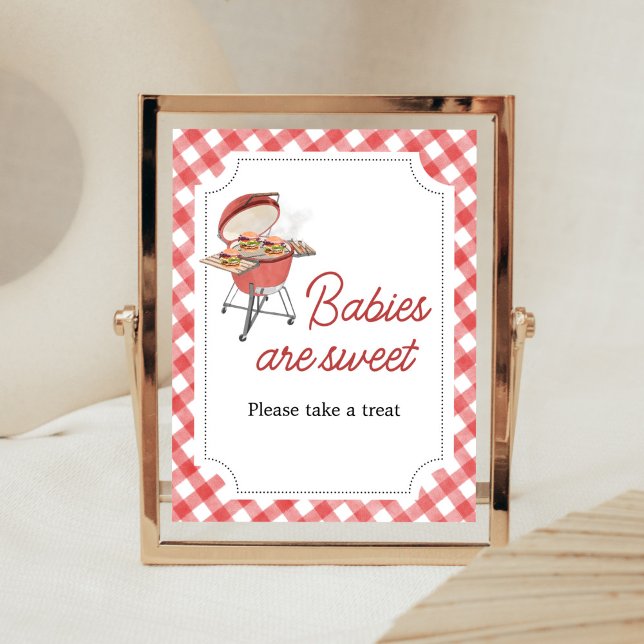 Poster Burger rouge Baby shower BBQ Les bébés sont doux (Backyard BBQ Baby Shower Babies are Sweet Sign)