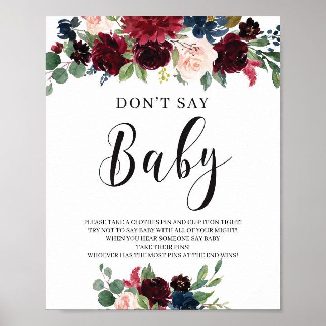 Poster Burgundy bleu marine rose floral donta dit bébé (Devant)