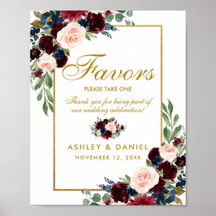 Poster Burgundy Blue Floral Gold Wedding Faveurs