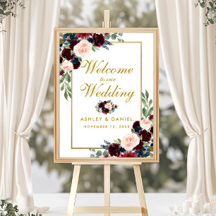 Poster Burgundy Blue Gold Floral Mariage Bienvenue