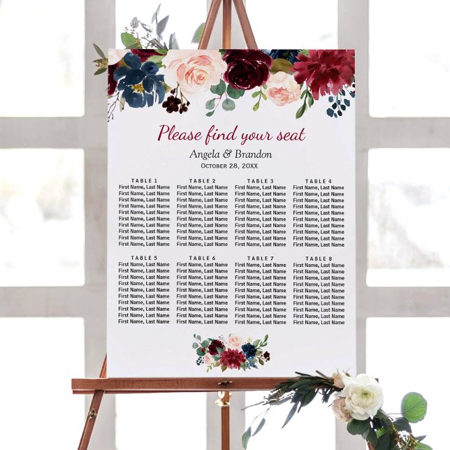 Poster Burgundy Blush Blue Floral Mariage Chart (Créateur téléchargé)