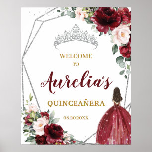 Poster Burgundy Blush Floral Silver Quinceañera Bienvenue