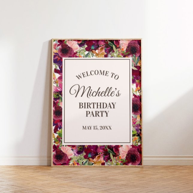 Poster Burgundy Blush Rose Anniversaire Bienvenue (Burgundy and pink floral birthday party welcome poster. Personalized with your own text.)