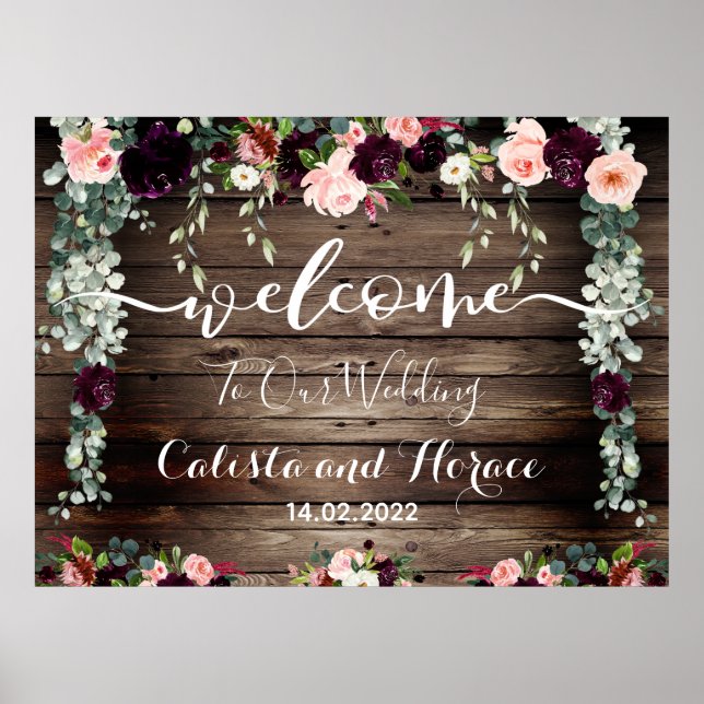 Poster Burgundy Blush Rose Barque Mariage Bienvenue (Devant)