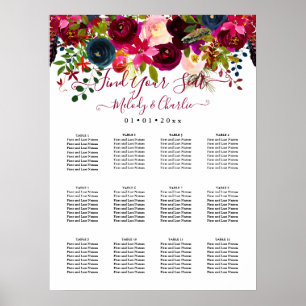 POSTER BURGUNDY BOHO WATERCOLOR FLEURS SEATING CHART