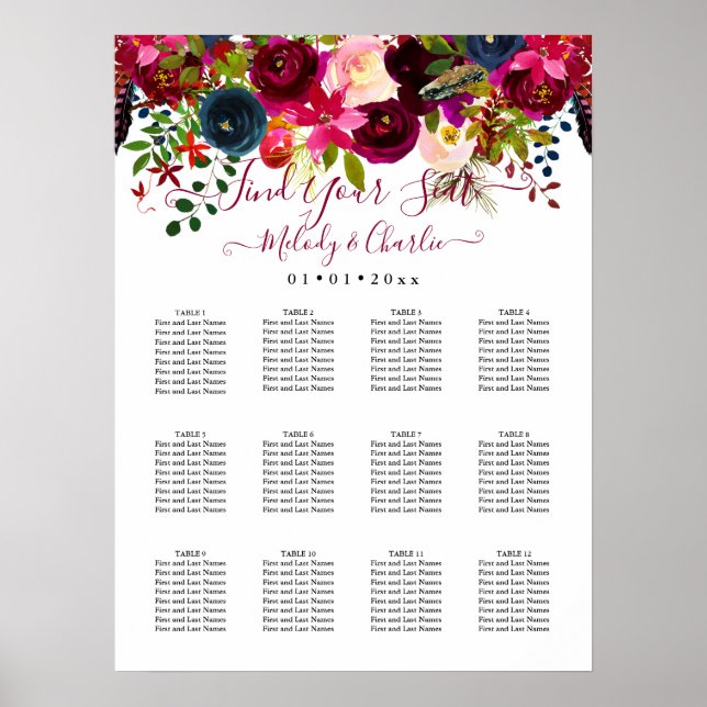 POSTER BURGUNDY BOHO WATERCOLOR FLEURS SEATING CHART (Devant)