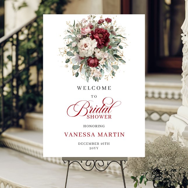 Poster Burgundy Deep Red Floral Bridal Shower Welcome (Burgundy Deep Red Floral Bridal Shower Welcome)