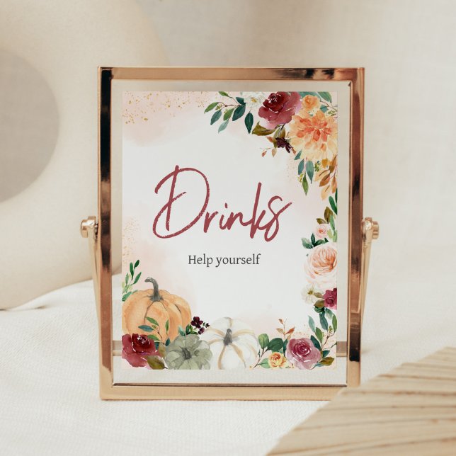Poster Burgundy Fall Floral Citrouille Baby shower Boisso (Fall Floral Pumpkin Baby Shower Drinks Sign)