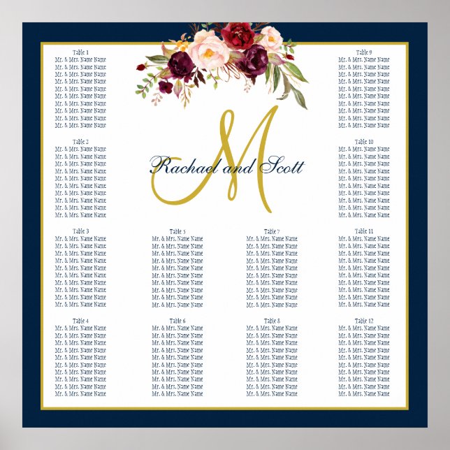 Poster Burgundy Floral Navy Bleu Mariage Carte de siège (Devant)