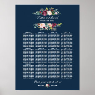 Poster Burgundy Floral Navy Bleu Mariage Carte de siège