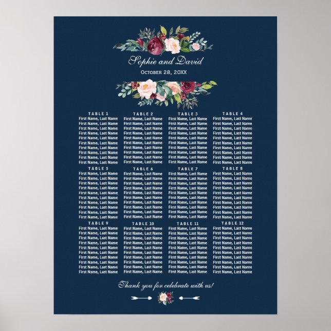 Poster Burgundy Floral Navy Bleu Mariage Carte de siège (Devant)