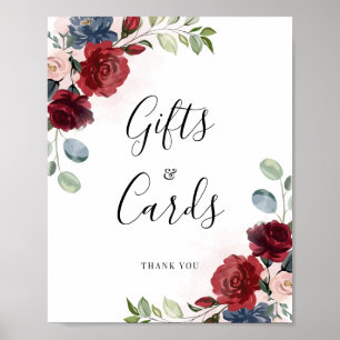 Poster Burgundy Floral Script Dusty Blue cadeaux et carte