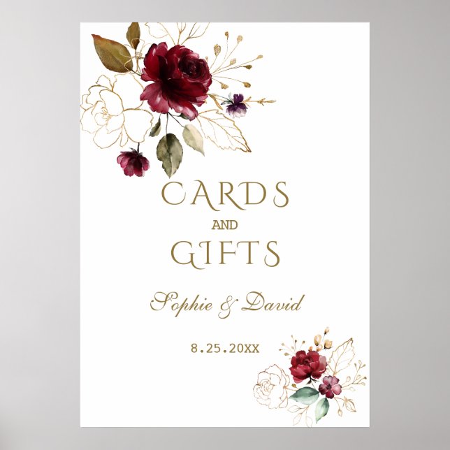 Poster Burgundy Gold Floral Cartes & Cadeaux Mariage (Devant)