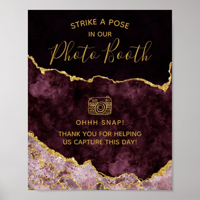 Poster Burgundy Gold Foil Agate Photo Booth Mariage Sign (Devant)