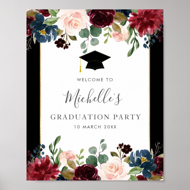 Poster burgundy marine graduation florale signe de bienve (Devant)