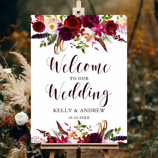 Poster Burgundy Marsala Aquarelle Floral Mariage d'accuei (Créateur téléchargé)