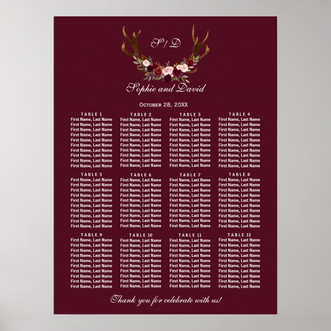 Poster Burgundy Marsala Floral Antlers (Devant)