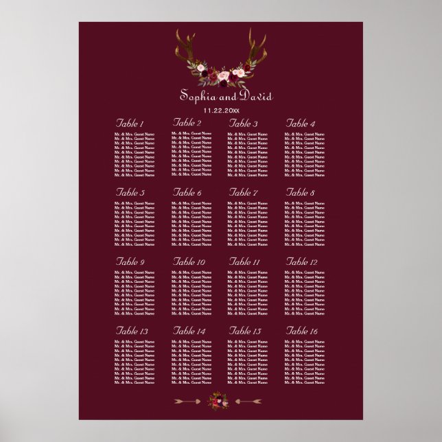 Poster Burgundy Marsala Floral Antlers (Devant)