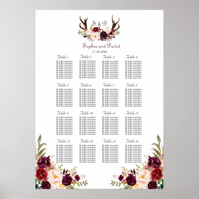 Poster Burgundy Marsala Floral Antlers (Devant)