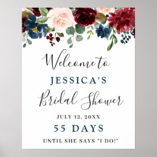Poster Burgundy Navy Blue Blush Floral Fête des mariées