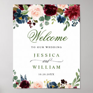 Poster Burgundy Navy Blush Fleurs Mariage Bienvenue