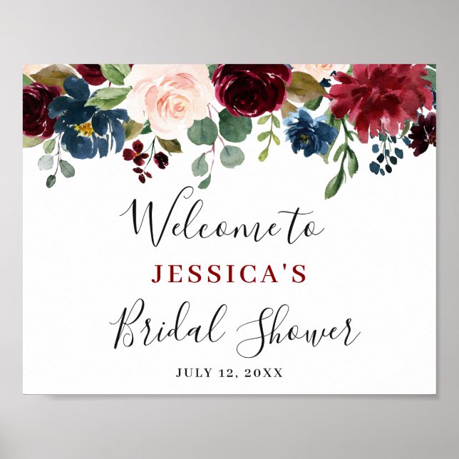 Poster Burgundy Navy Blush Floral FÊTE DES MARIÉES Bienve (Devant)
