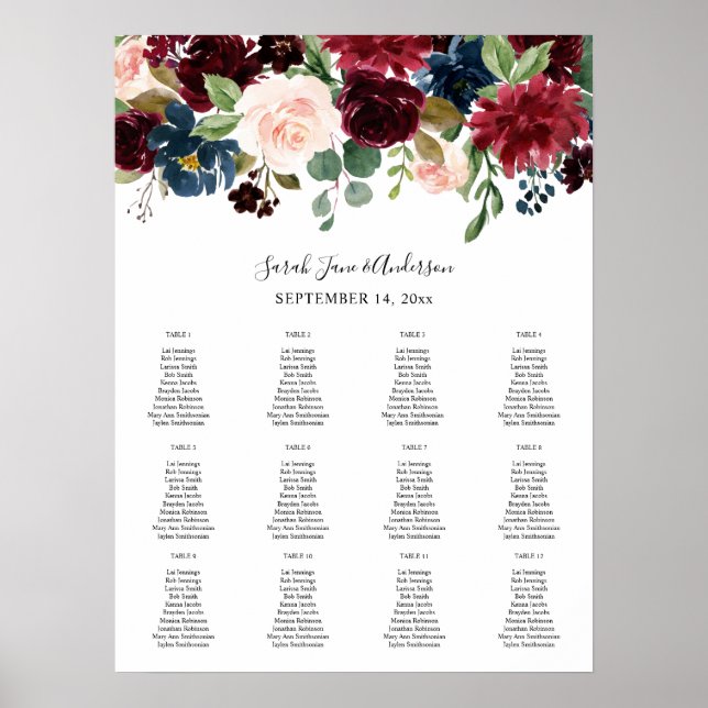 Poster Burgundy, Navy Blush Rose Floral Seating Chart -12 (Devant)