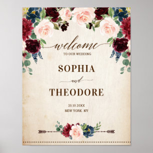 Poster Burgundy Navy Floral Russe Mariage bienvenue