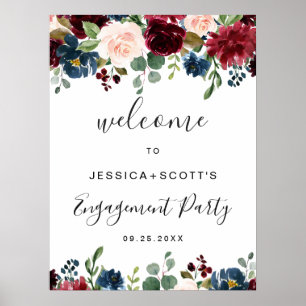 Poster Burgundy Navy Floral Welcome Engagement Party Sign